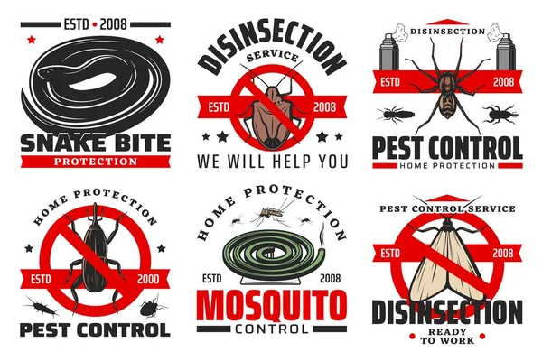 Schädlingsbekämpfung Und Desinfektion Service Isolierte Vektorsymbole Mit Insekten Und Insektiziden — Stockvektor