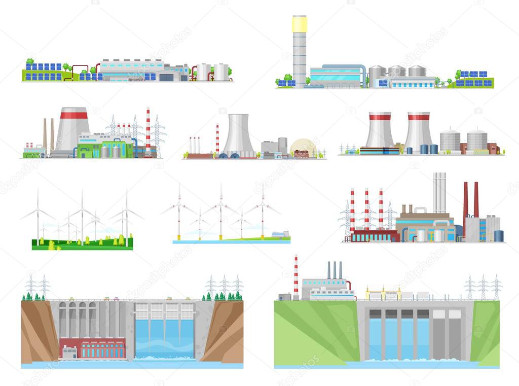 Power plant and energy station building vector icons of nuclear, coal, hydroelectric, wind and thermal energy, electric power industry. Eco wind turbines, water dams, nuclear and coal fired stations