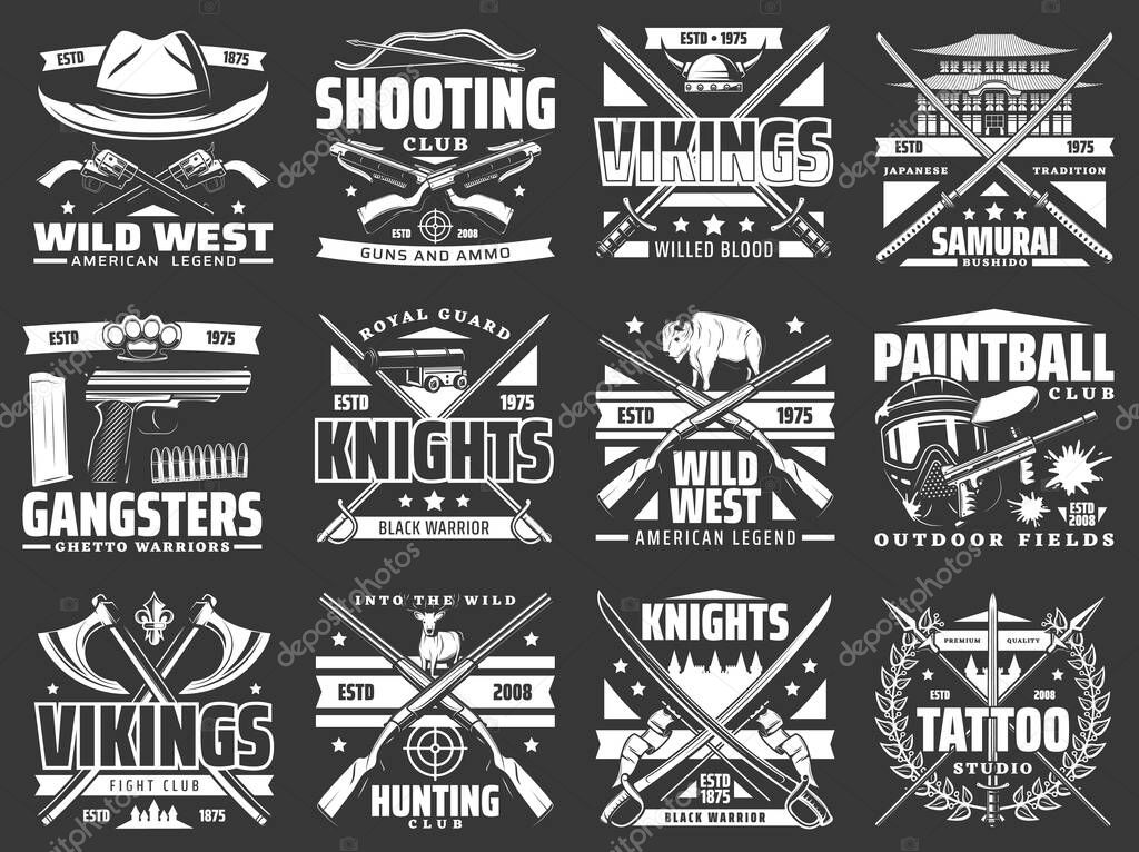 Weapon heraldic icons with vector hunting rifles, guns and knives, medieval knight swords, crossbows, arrows and spears. Viking axe, samurai katana, Wild West cowboy revolver and shotgun emblems