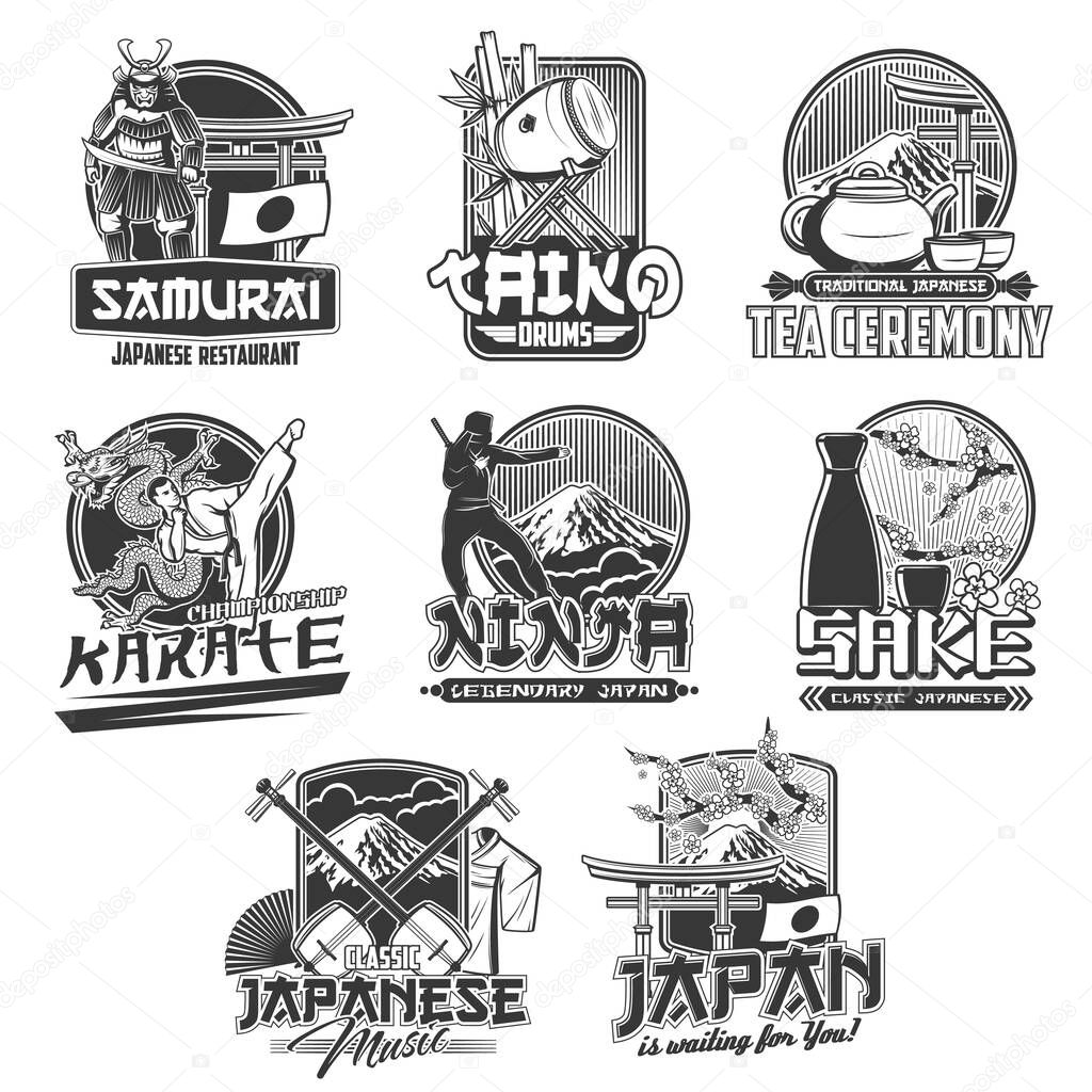 Japan vector icons of Japanese travel and tourism. Isolated Fuji mountain, bonsai, flag, tea ceremony set, paper fun, sake, dragon and kimono, torii gate, samurai, ninja and sakura monochrome symbols