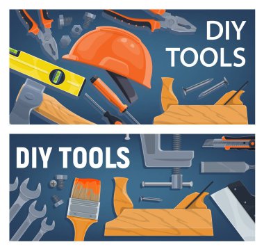 DIY ve inşaat, ahşap işleme aletleri taşıyıcısı. Kerpeten ve anahtar, ampul seviyesi ve balta, tornavida, miğfer ve el yapbozu, boya fırçası ve bant bıçağı, keski ve mengene. DIY araç ve gereç