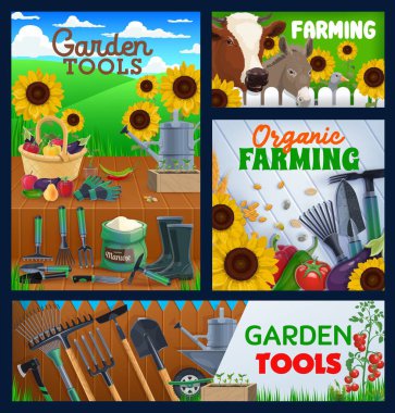 Farming and gardening tools, vector banners. Agriculture, poultry and cattle farm, farmer equipment rakes, plant secateurs and spade, hack and sickle. Fruits, vegetables harvest and cow clipart
