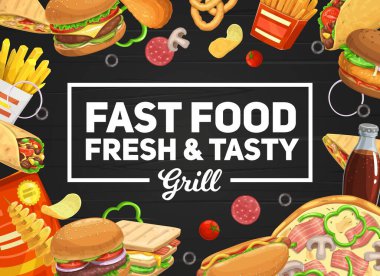 Fast food vektör burger ve sosisli sandviç, pizza ve sandviç, soda. Patates kızartması, patates kasırgası ve hazır yemek. Abur cubur çizburger ve hamburger karışımı menü.