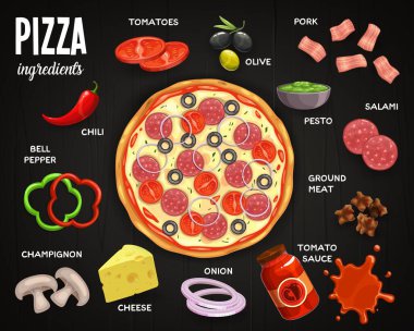Pizzacı menüsü, pizza malzemeleri vektör domates, zeytin ve domuz eti, salam, pesto ve domates soslu kıyma. Soğan, peynir ve şampiyon, dolmalık biber ve kırmızı biber, fast food pizza üstü yemek