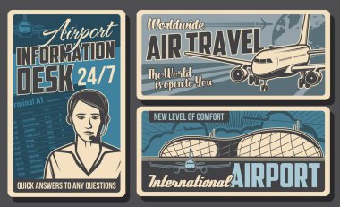 Airport information desk, airplane retro posters. Vector air traffic service operator with headset, airport building and plane or airplane of international airlines. Aircraft staff work, aviation clipart