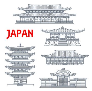 Japon tapınakları, tapınaklar ve Japon pagodaları, Kyoto Budizm mimarisi simgeleri. Higashi Hongan-ji Doğu Manastırı, Daigo-ji, To-ji Pagoda, Karamon veya Karakado Kapısı ve Goei-do Budist Tapınağı