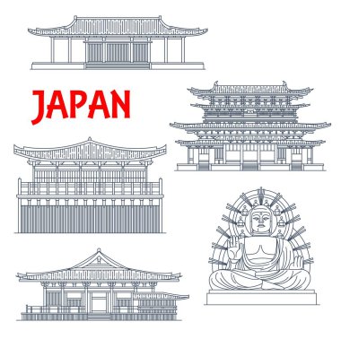 Nara 'daki Japon tapınakları, tapınakları ve Japon pagodaları, Budizm mimarisi, Buda heykeli, vektör işaretleri. Sin Yakushi-ji, Sangatsu-do ve Nigatsu-do tapınakları, Kondo ana salonu ve Büyük Buda