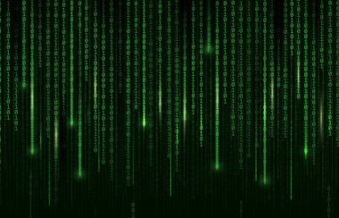 Teknoloji arka planı, dijital ikili kod matrisi, vektör bilgisayar siber alanı ve internet iletişim kodlaması. Dijital ikili kod matrisi yeşil arkaplan, İnternet veri ağı ve programlama