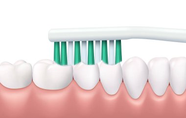 Diş ve diş fırçalama, 3 boyutlu vektör diş fırçası sağlıklı beyaz dişleri temizleme. Gerçekçi stomatolojik prosedür, oral sağlık. Diş koruma, diş sağlığı önleme kliniği, hijyen rutini.