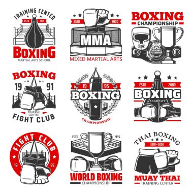 Boks Muay Thai, Tayland kickboks ikonları, vektör dövüş sanatları vektör işaretleri. Tayland güreş sporu ve muay boksörler kulübü ve eğitim merkezi, şampiyonluk kemeri, boks eldivenleri ve kum torbası.