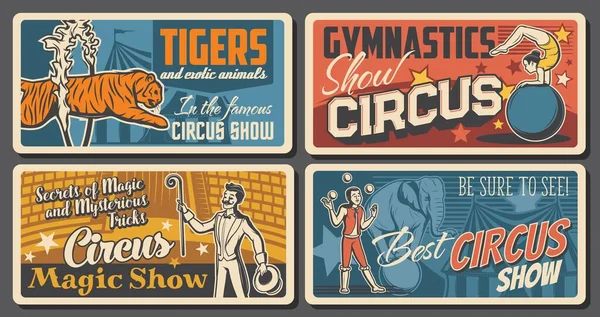 Circus Artiesten Performers Retro Posters Set Acrobat Balanceert Bal Goochelaar — Stockvector