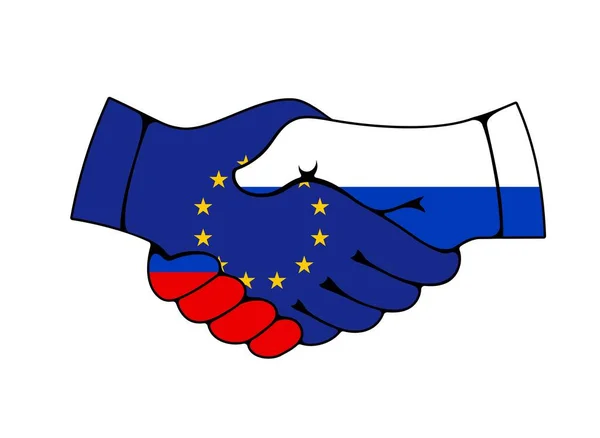 ロシアと欧州連合のパートナーシップの握手 貿易とビジネス契約のベクトルアイコン ロシアとヨーロッパの国旗を手に男性の手に加わった 政治の挨拶と友情 首脳会談 — ストックベクタ