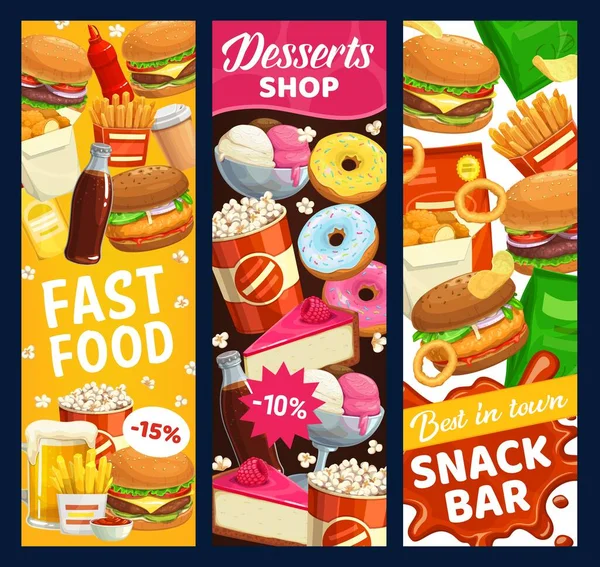 Fast Food Imbiss Und Desserts Vektorbanner Straßengerichte Burger Donuts Und — Stockvektor