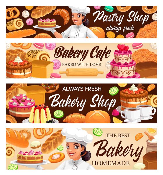 Desserts, cakes and bakery vector banners. Bake bagels and buns, fresh baking sweet dessert donut, croissant and baguette, pretzel and cupcake. Macaroon and meringues Baker shop pastry assortment
