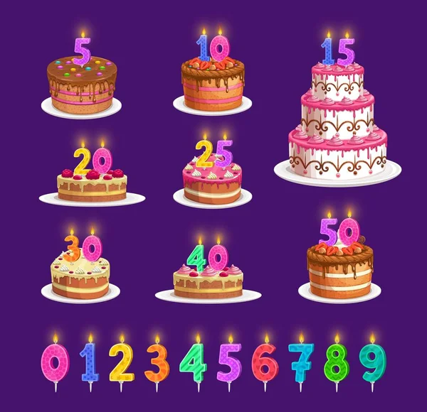 Velas Torta Cumpleaños Con Edad Del Número Iconos Fiesta Celebración — Vector de stock