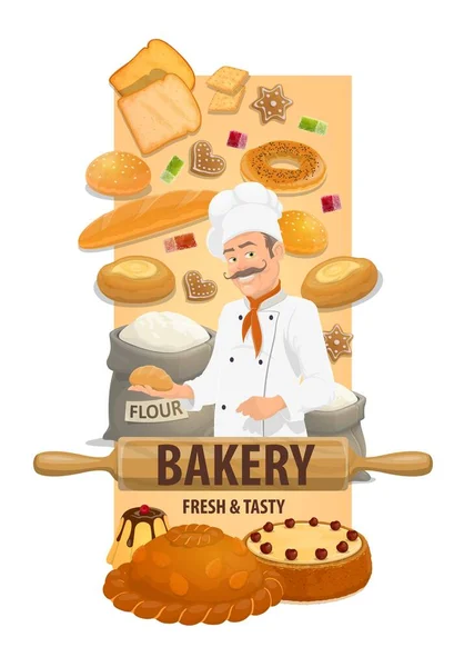 面包和甜面包的贝克厨师 用烤面包 百吉饼 三明治面包 面包和蛋糕 布丁和科罗韦面包 袋装面粉和滚动式别针 曲奇和果酱病媒给厨师擦拭 面包店甜点 — 图库矢量图片