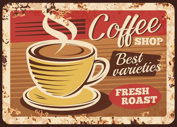 Kafeterya Paslı Metal Plaka Buharda Espresso Latte Americano Kapuçino Kahve — Stok Vektör
