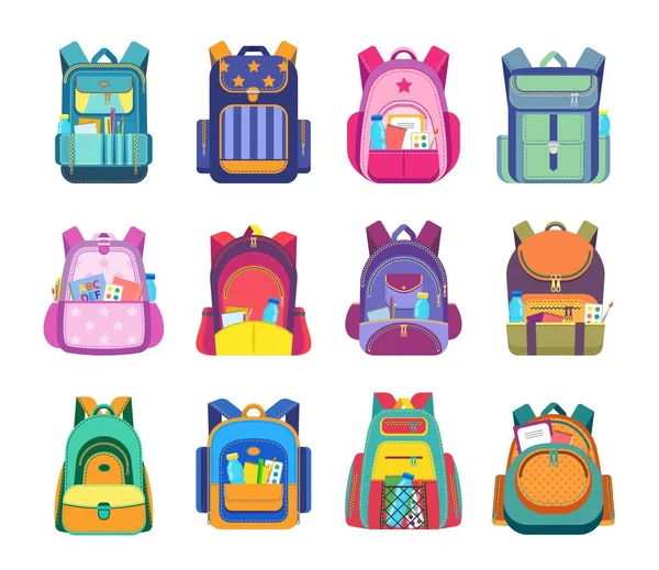 学校のバッグやバックパックは 教育機器や消耗品と学生リュックサックやナッパックの絶縁ベクトルアイコン ジッパーポケットとショルダーストラップ ノートブック付きの人形の通学バッグ — ストックベクタ