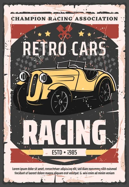 Retro Auta Závodní Vektorový Plakát Ročník Rally Vozidla Sportovní Svalové — Stockový vektor