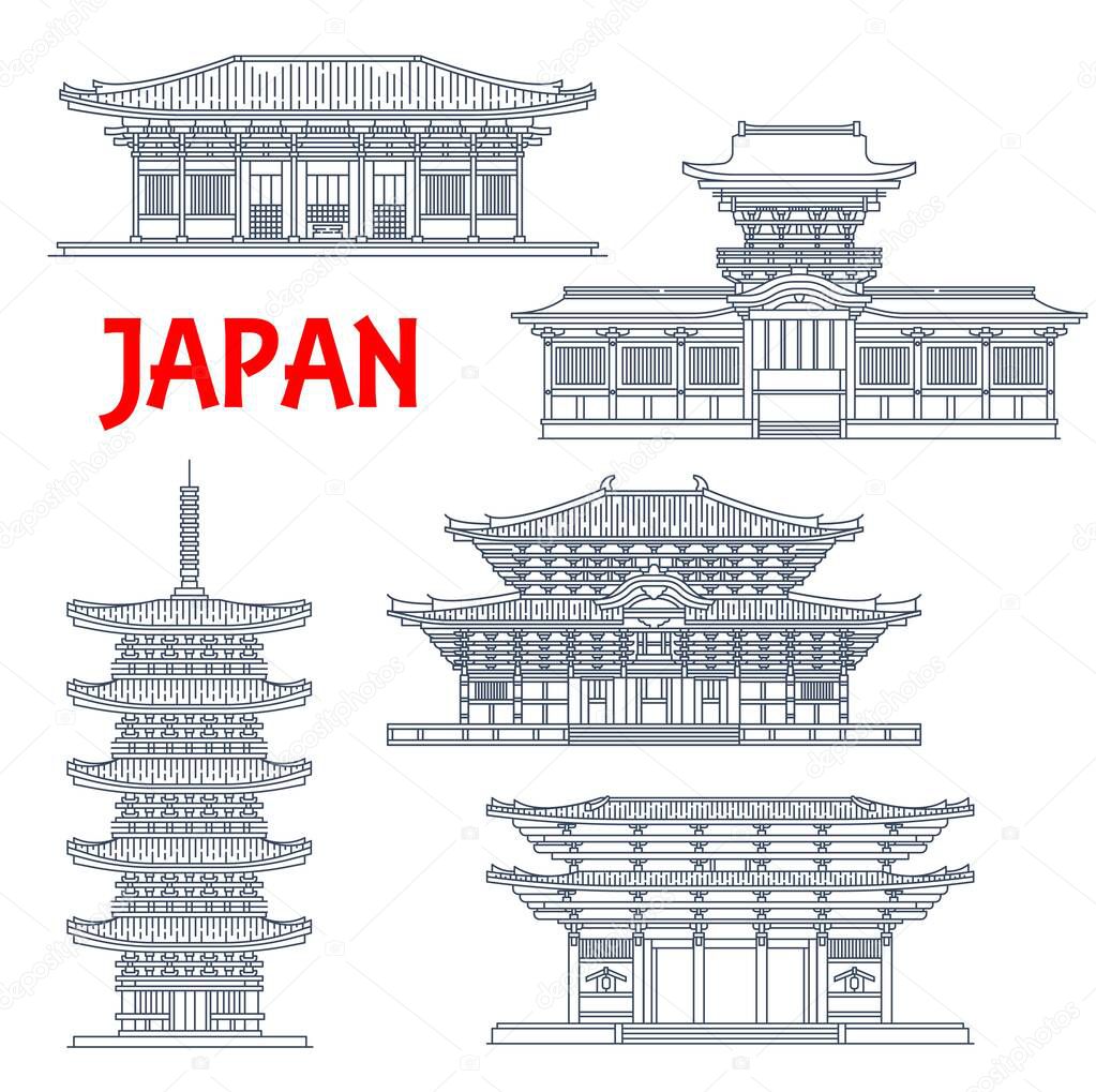 Japanese temples, shrines and Japan pagodas in Nara, Buddhism architecture vector landmarks. Todai-ji and Kofuku-ji Shinto pagoda tower, Nandaimon Gates, Kasuga Grand Shrine or Kasuga-taisha