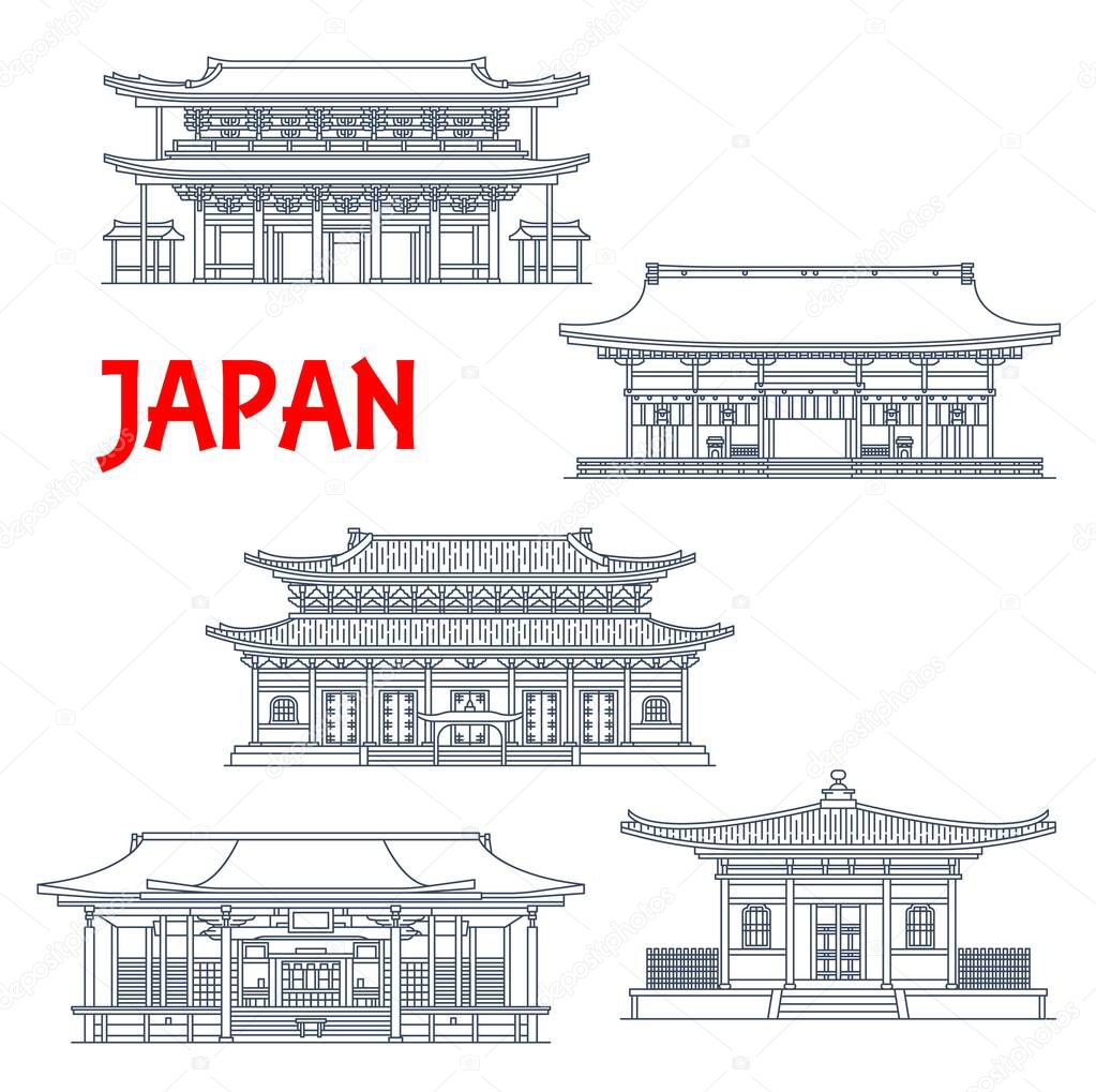 Japanese temples, shrines and Japan pagodas, Kyoto Buddhism architecture landmarks, vector. Ryoan-ji Zen temple, Nanzen-ji, Tofuku-ji, Horyu-ji and Fushimi Inari-taisha shrine house