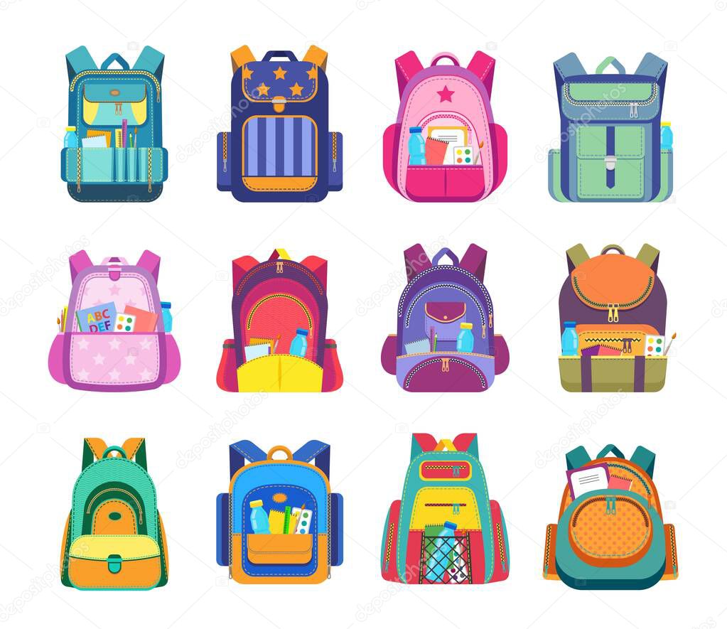 School bag and backpack isolated vector icons of student rucksack and knapsack with education equipment and supplies. Pupil schoolbags with zipper pockets and shoulder straps, books, pens, notebooks