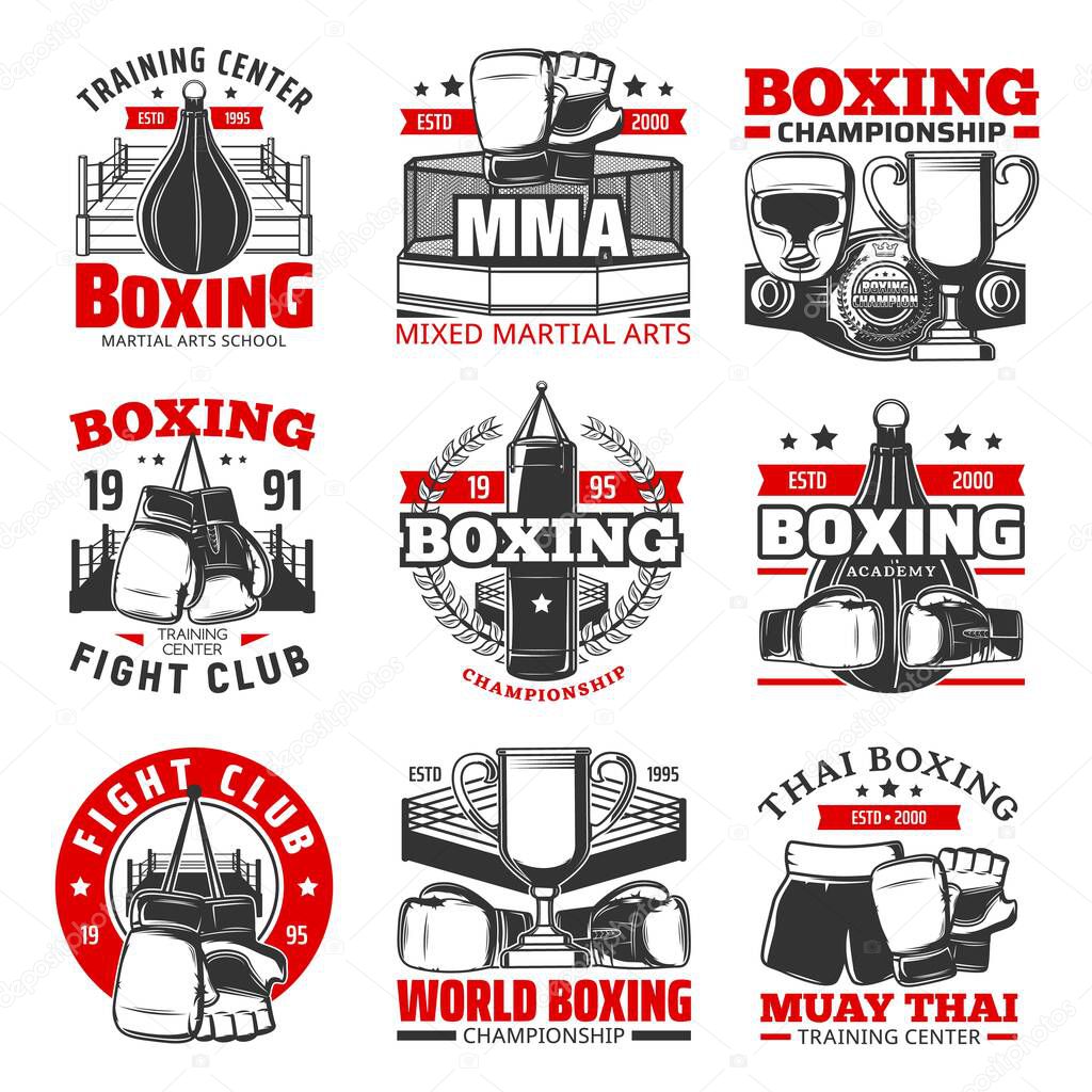 Boxing Muay Thai, Thailand kickboxing icons, vector martial arts vector signs. Thailand wrestling sport and muay thay boxers club and training center, championship belt, boxing gloves and punching bag