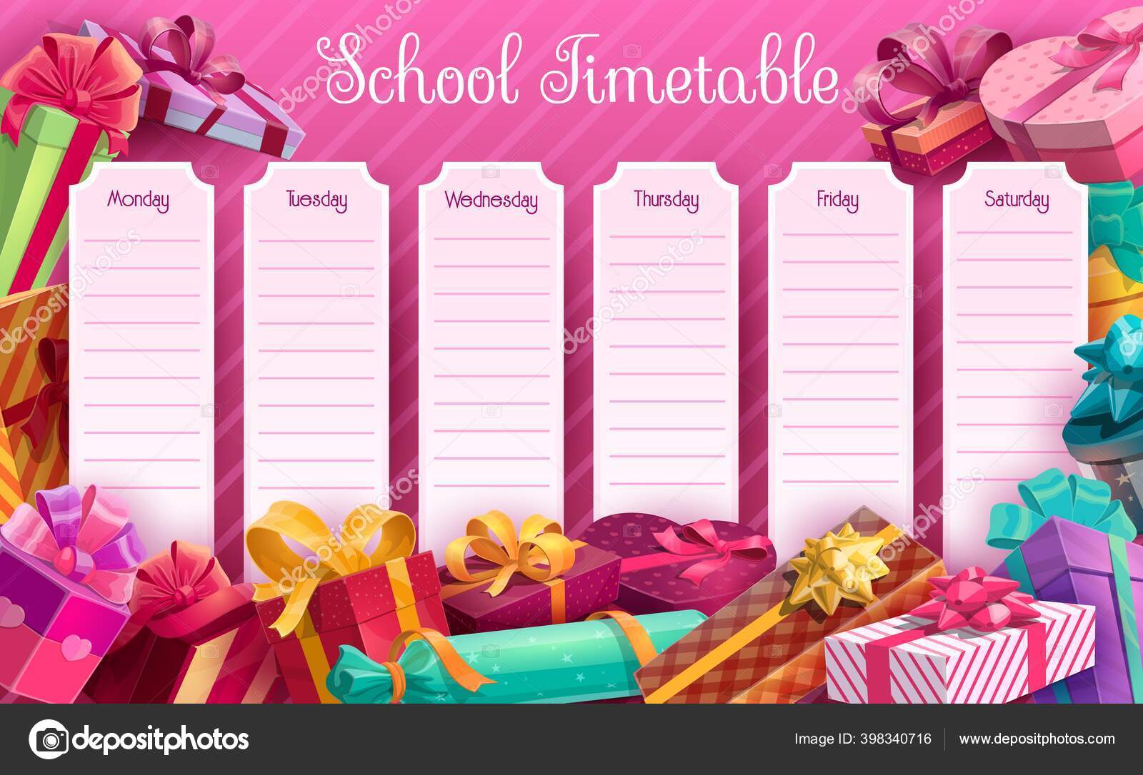 School Timetable Gift Boxes Vector Template Lessons Planner Weekly