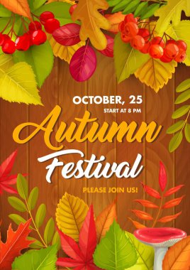 Sonbahar festivali vektör broşürü, düşmüş yapraklı bayram davetiyesi, ahşap arka planda russula mantarı ve yaban mersini. Akçaağaç, huş ağacı, meşe ve kayın ağaçları yapraklar, sonbahar festivali tasarımı