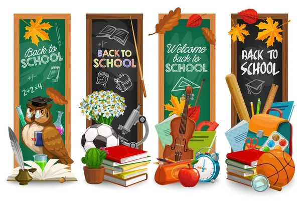 Bildungstafel Mit Rücken Zur Schule Schriftzug Vektor Cartoon Banner Set — Stockvektor