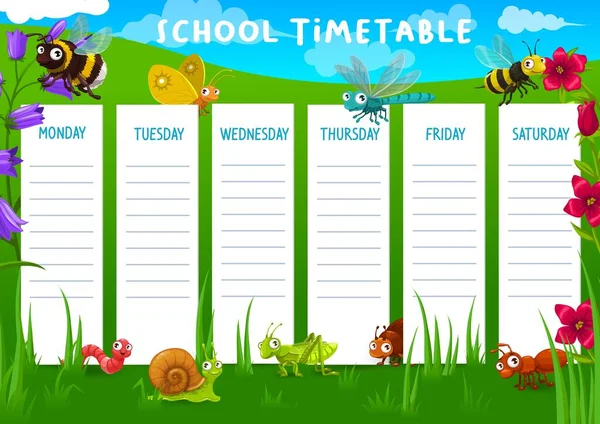 School Timetable Meadow Cartoon Funny Vector Insects Bee Horne Butterfly — Stock Vector