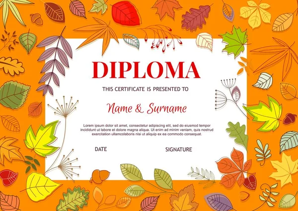 Kids Diploma Autumn Leaves Vector Template Educational Kindergarten College Kid — Stock Vector