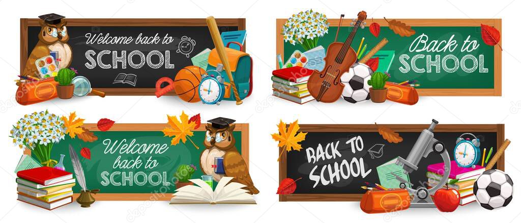 School blackboards, education vector banners. Back to school typography, cartoon green and black chalkboards with learning stuff and schoolbag, ball and owl, books and leaves, flowers and microscope