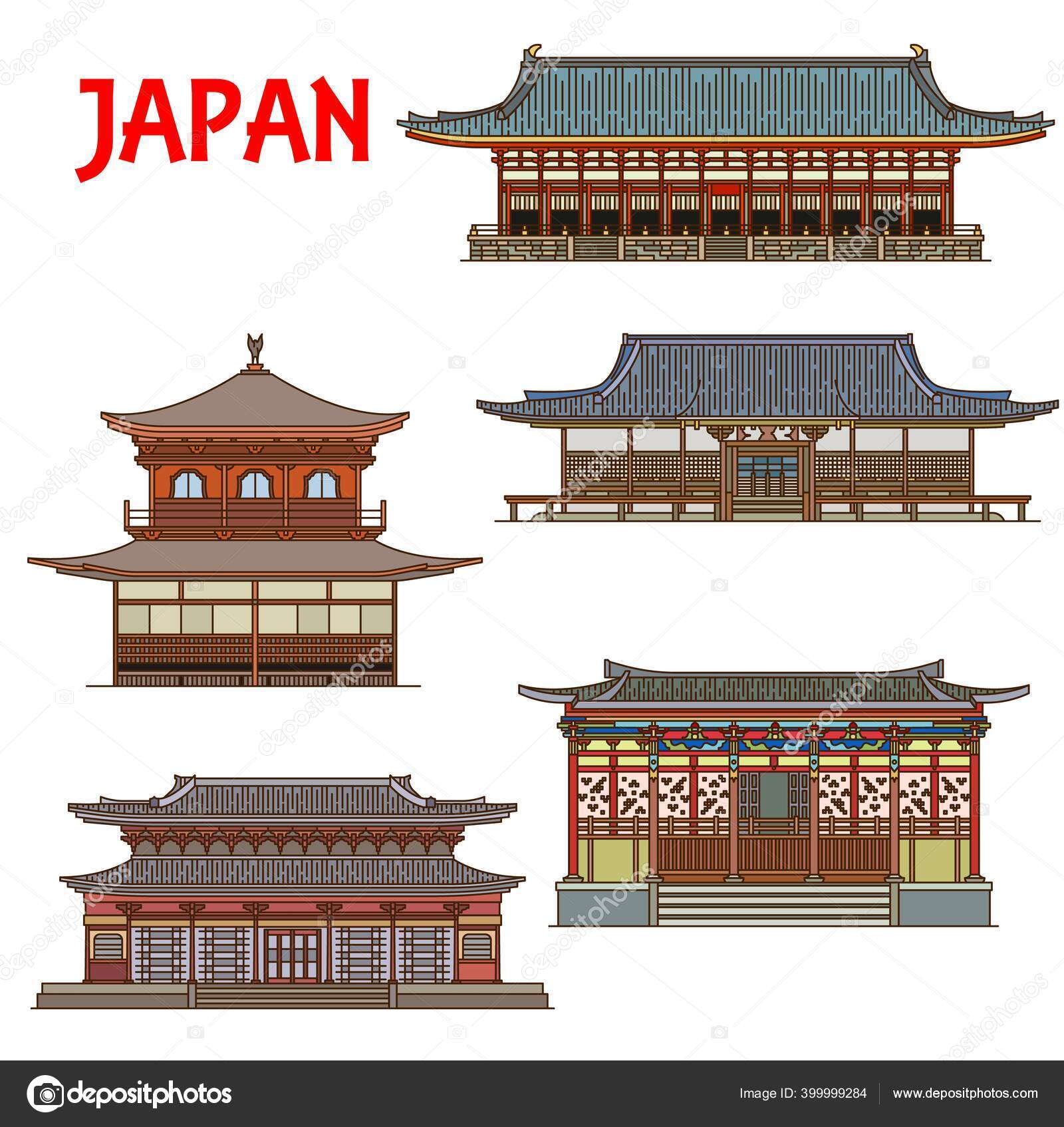 日本の寺院 日本の建物 塔の家建築 ベクトル京都ランドマークのアイコン 日本の仁和寺 慈照寺 永観堂 善林寺 南禅寺神社 — ストックベクター  ©Seamartini 399999284