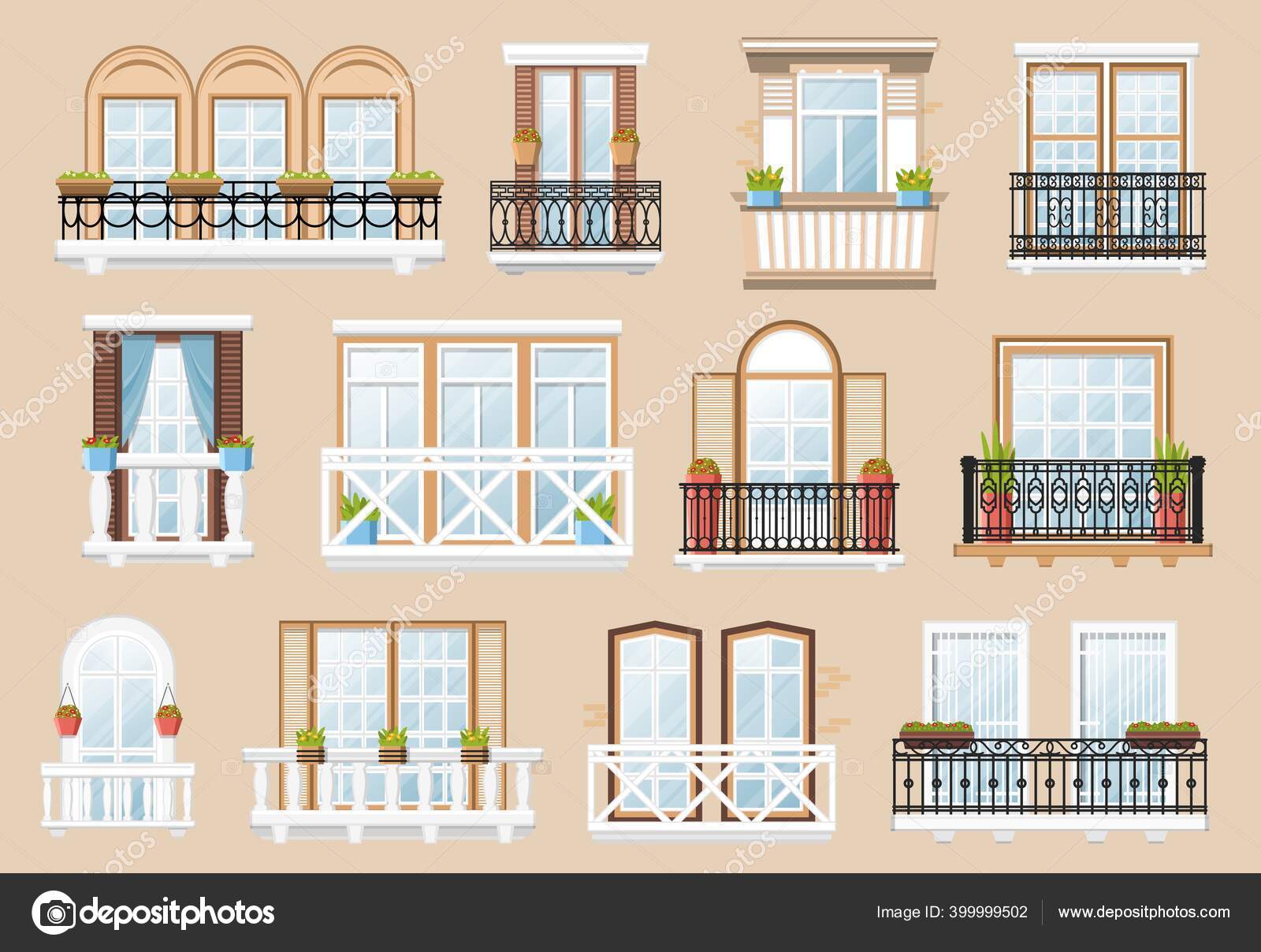 Jendela Dan Balkon Vektor Eksterior Dan Interior Arsitektur Dekorasi Dinding Stok Vektor C Seamartini 399999502