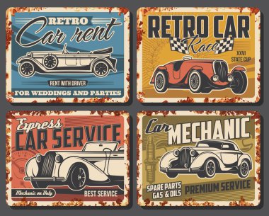 Vintage cars, classic vehicles rusty metal plate. Rare coupe or roadster. Retro limousine rental service, old automobiles mechanic garage station, vintage sports car race competition vector banner clipart