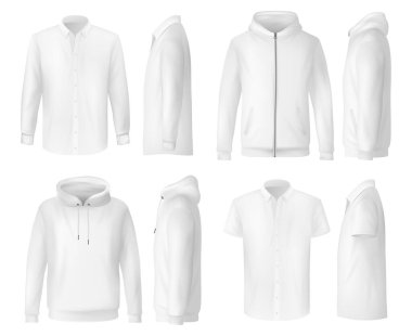 Gömlek, polo ve kapüşonlu, erkek giyim modelleri, vektör beyaz 3D şablonlar. Erkekler kapüşonlu tişört, polo tişört ve kapüşonlu ve ön cepli kapüşonlu sweatshirt giyer, spor giyer ya da günlük giyim giyer.