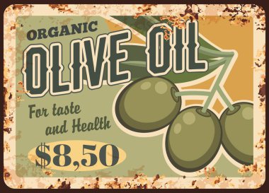 Zeytinyağı paslı metal plaka, vektör taze ekstra bakire yağı. Dallardaki olgun zeytinler, eski paslı teneke tabelalar, market veya mağaza etiketleri. Salatalar ve gurme yemekleri için çiğ meyve pişirme malzemesi