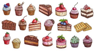 Pastalar, peynirli kekler, tatlı tatlılar, küçük kekler, vektör ikonlar. Pastane ve pastane tatlı çikolatalı kekler, el yapımı pastaneler tatlı tatlı cheesecake, tiramisu, brownie ve waffle