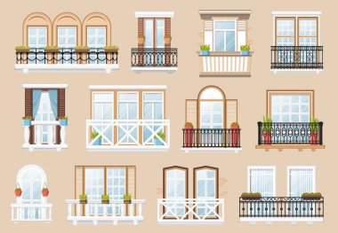 Pencere ve balkon vektör dış ve iç mimari dekorasyon. Balkon parmaklıkları ve saksı bitkilerinin retro dekoru, çizgi film klasik inşaatı.