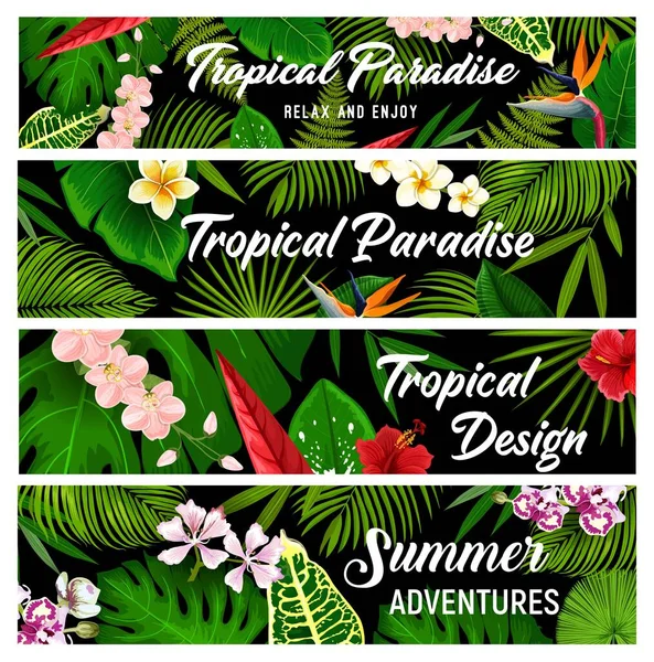 Plantas Tropicales Flores Banderas Vectoriales Hojas Palma Exóticas Flores Tarjetas — Archivo Imágenes Vectoriales