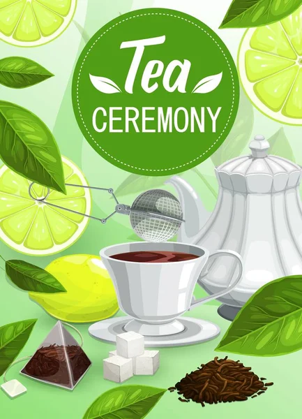 Tea Ceremony Vector Mug Brown Beverage Brew Sugar Lemon Strainer — Stock Vector