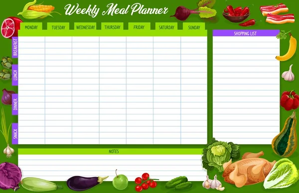 Planificador Comidas Semanal Plan Semana Alimentos Vectoriales Con Verduras Frutas — Vector de stock