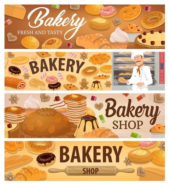 Bread Bakery Products Desserts Vector Banners Baker Bakery Shop Wear — Stock Vector