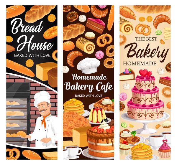 Desserts, cakes and bakery vector banners. Baker with bake bagels and buns, fresh baking sweet desserts donut, croissant and baguette, pretzel and cupcake with meringues. Baker shop bread and pastry