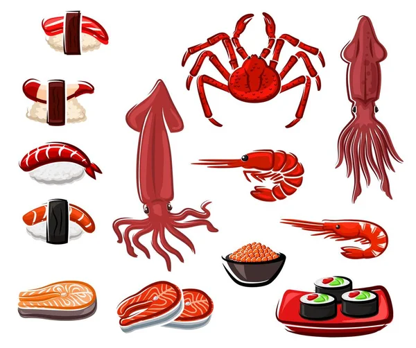 Mariscos Vector Sushi Rollos Pescado Japonés Salmón Mariscos Calamares Camarones — Archivo Imágenes Vectoriales