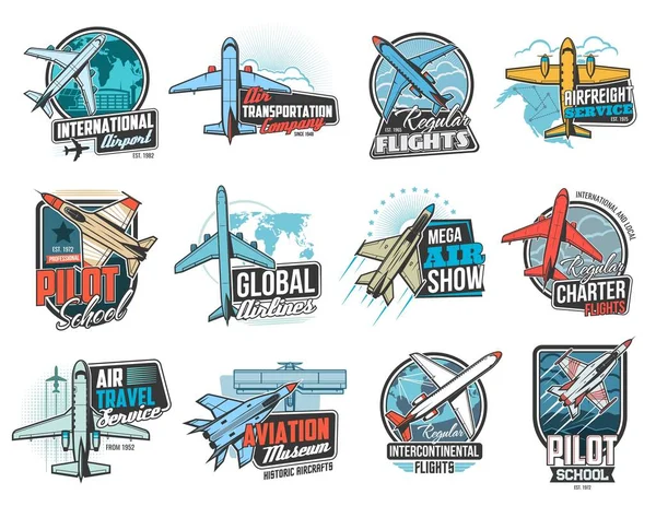 Aviation Air Flight Icons Airplane Pilot School Aircraft Museum Vector — Stock Vector