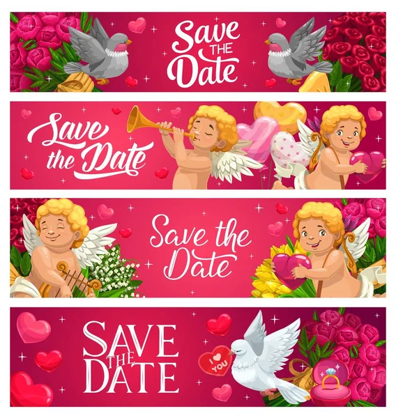 日付の結婚式のバナーを保存します ハープとバングルで再生ベクトル漫画のキューピッド ハトや花の花束 赤の心 婚約指輪とギフトボックス 結婚式や結婚式の招待状 — ストックベクタ
