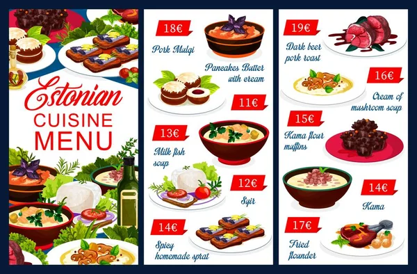 Estonská Kuchyně Vektorové Menu Jídlo Pokrmy Vepřové Mulqi Palačinky Máslo — Stockový vektor