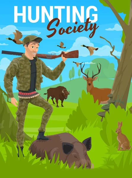 森林鹿和野生动物 拿着来福枪的猎人 迷彩服猎人和斑马子弹带弹药的狩猎季节 — 图库矢量图片